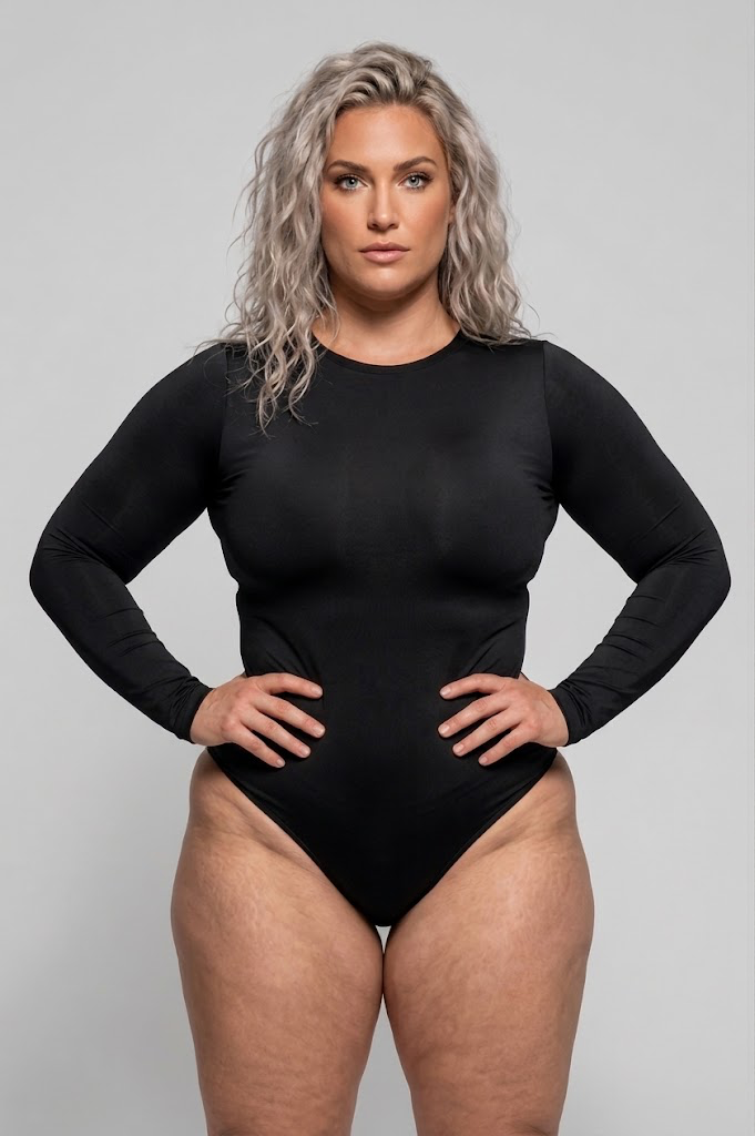 Model wearing a black long-sleeve bodysuit